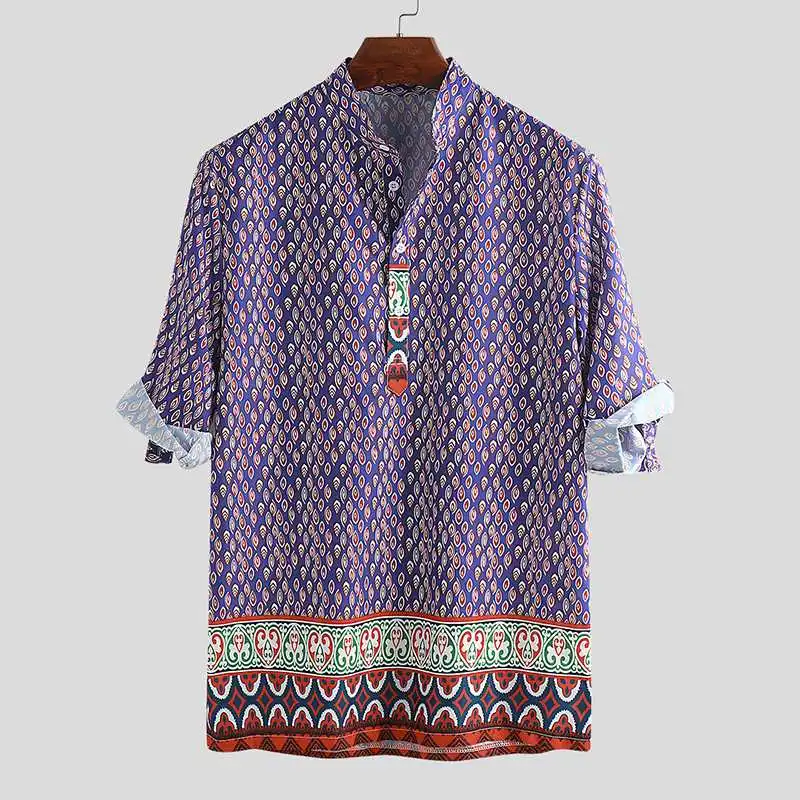 2019 принт в этническом стиле мужская рубашка с коротким рукавом с воротником-стойкой, свбодная Повседневная топы летние брендовые