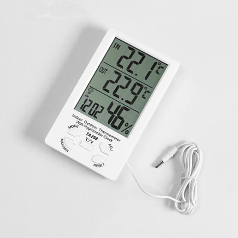 Large screen digital display indoor outdoor double thermometer TA298 wit hygrometer clock C/F emperature Humidity Meters | Инструменты