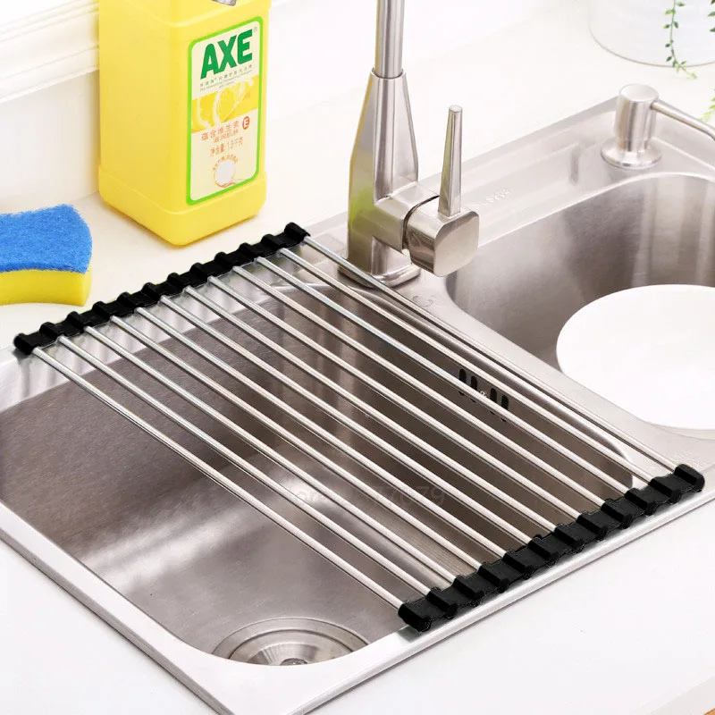 Multifunctional Rerollable Kitchen Dish Drying Rack foldable Sink Draining Rack Organizer