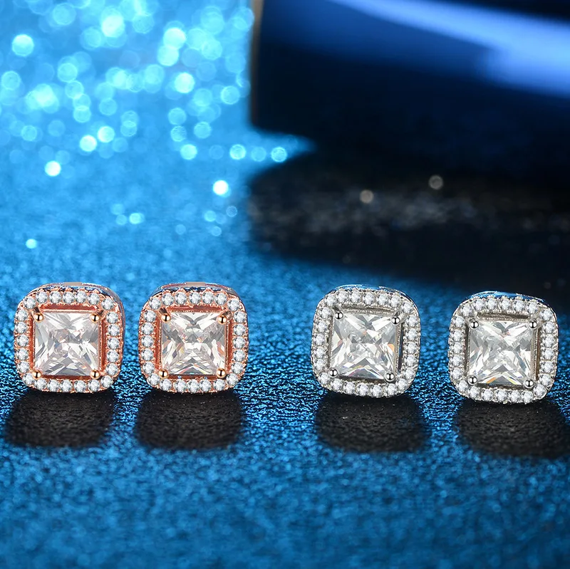 

Original Design Handmade cz unique style top quality stud earrings cushion Cubic Zirconia Hot Ins sterling silver 925