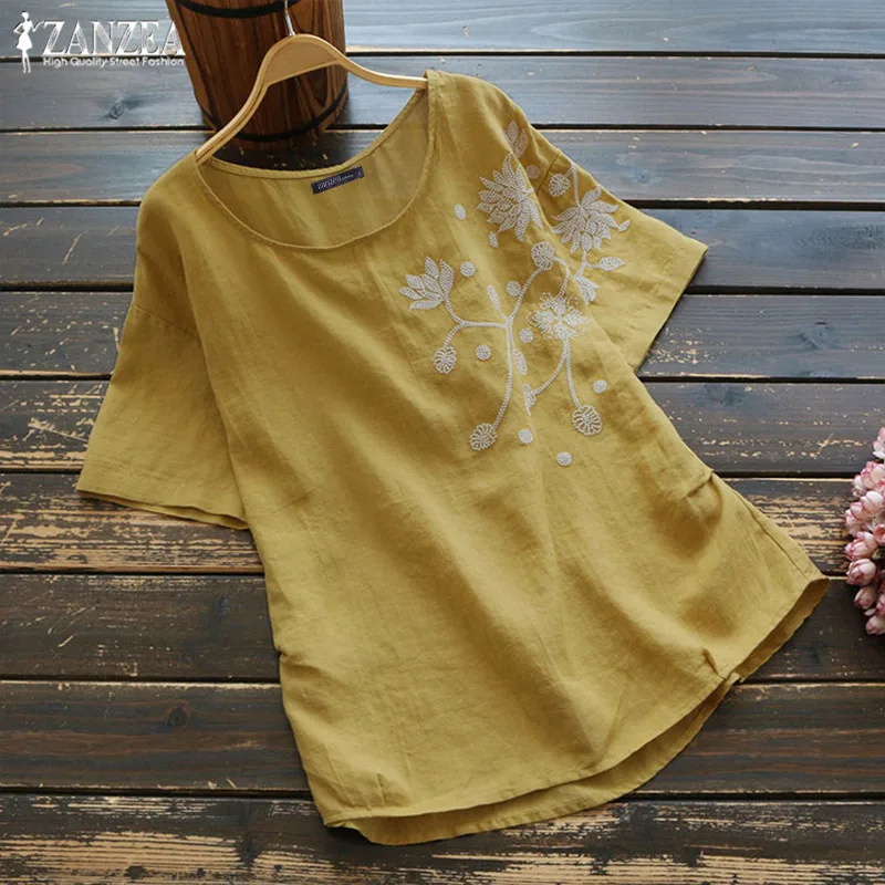  Plus Size Women's Embroidery Blouse 2019 ZANZEA Vintage Summer Tops Kaftan Linen Short Sleeve Shirt