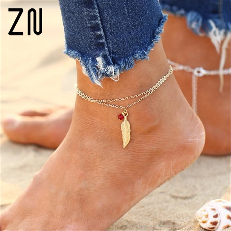 Tobilleras de plumas de hoja para mujer, pulseras de tobillo, joyería para pierna y pie, doble, cuentas Rojas, borla|feather anklet|anklets - AliExpress