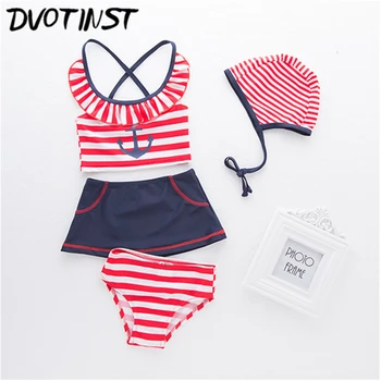 

Dvotinst Baby Girls Clothes Red Striped Sailor Navy Swimwear+Hat 4pcs Set Swim Suit Spa Bathing Summer Beach Clothing Costume