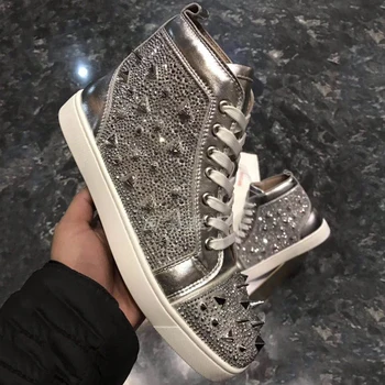 

Shiny Silver Women High Top Sneakers Rivets Stud Glitter Chic Star Shoes Genuine Leather Lace-up Woman Casual Shoes Plus Size