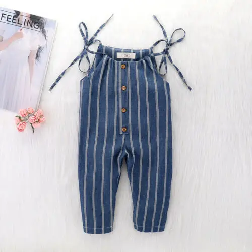 

Baby Kids Girls Clothes Striped Sleeveless Romper Sling Bowknot Off Shoulder Jumpsuit Blue Button Playsuit Outfits Clothes 1-5Y