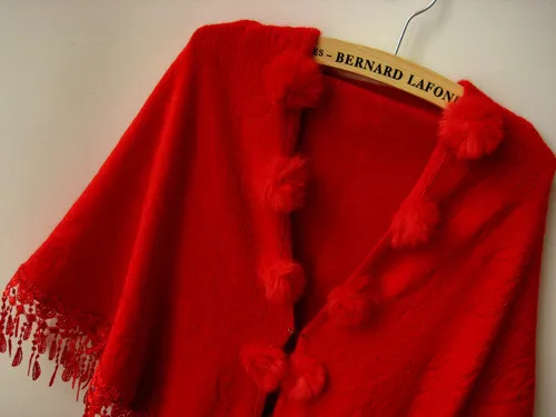 Новые однотонные Красные Свадебные шаль мода Треугольники Для женщин, кашемир, натуральный мех кролика, шаль, шарф, шарфы с тонкой
