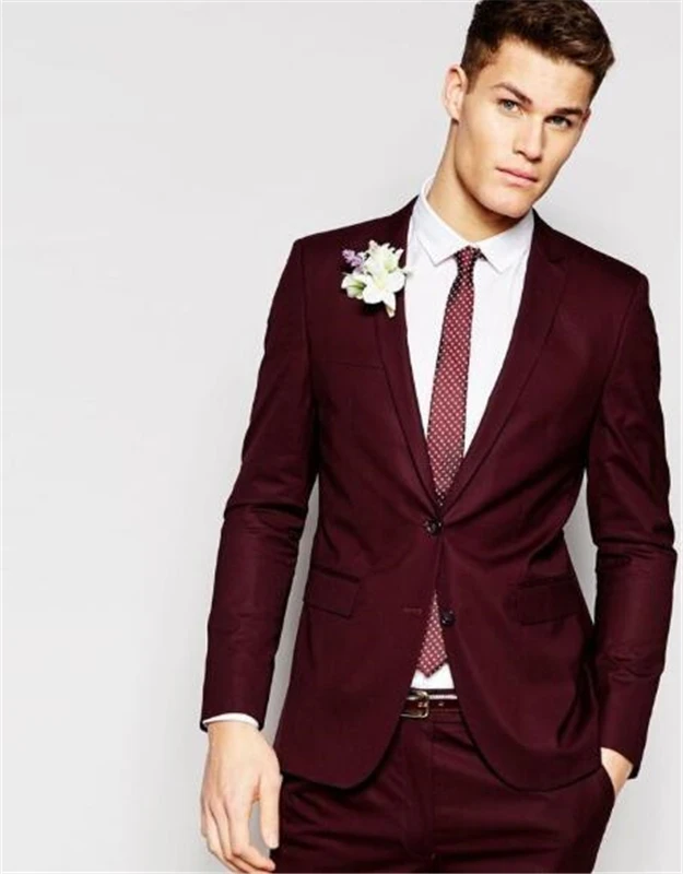 На заказ Бордовый 2 шт Slim Fit мужской костюм жениха смокинги для свадьбы выпускного