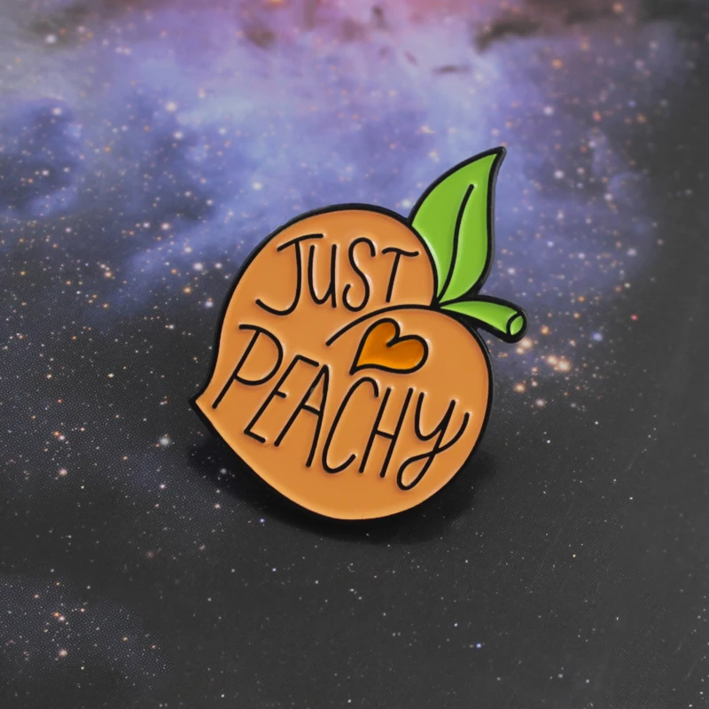 

Peach Fruit Brooch JUST PEACHY Heart Cartoon Fruit Leaf Enamel Pin Denim Lapel Hat Badge Couple Jewelry Friends and Kids Gifts