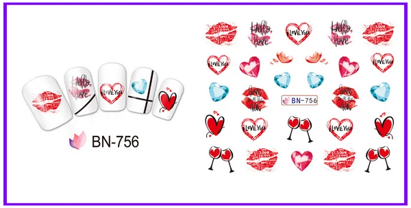 12 упак./лот переводка NAIL ART наклейки для ногтей на День святого Валентина Свадебный поцелуй сердце губы, с цветочным принтом «розы» со стразами BN745-756