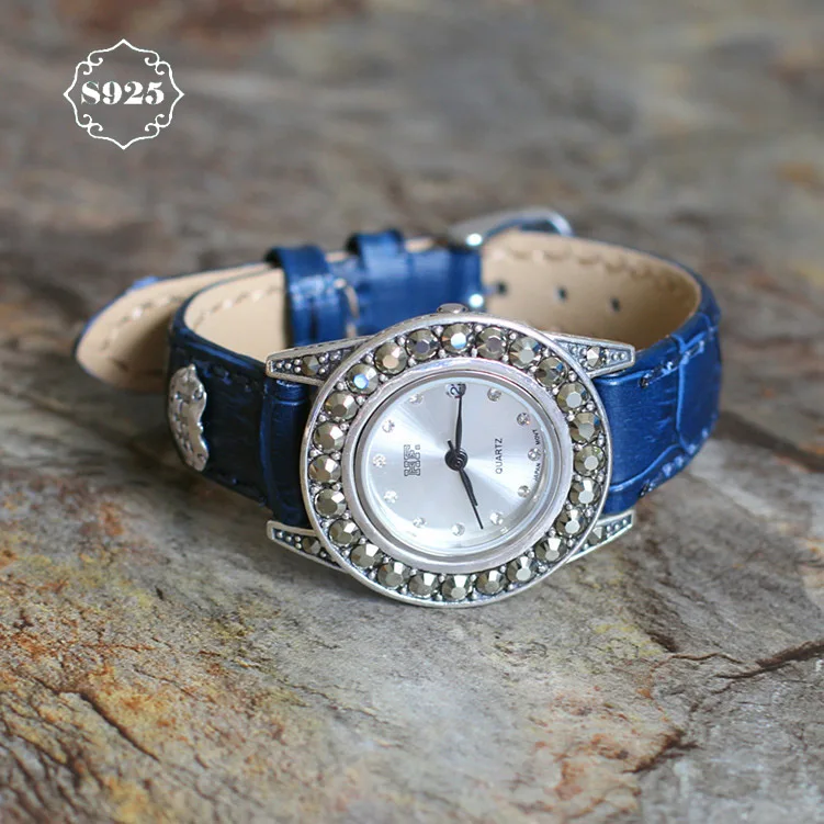 New Arrival S925 Pure Silver Watch Leather Band Classical Lady Thai Silver Bracelet Thailand Process Rhinestone Bangle