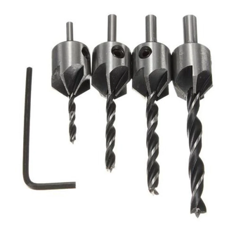 

4Pcs/Set HSS 5 Flute Countersink Drill Bit Set 1/4 Hex Shank Screw Woodworking Chamfer Tool 3-6mm