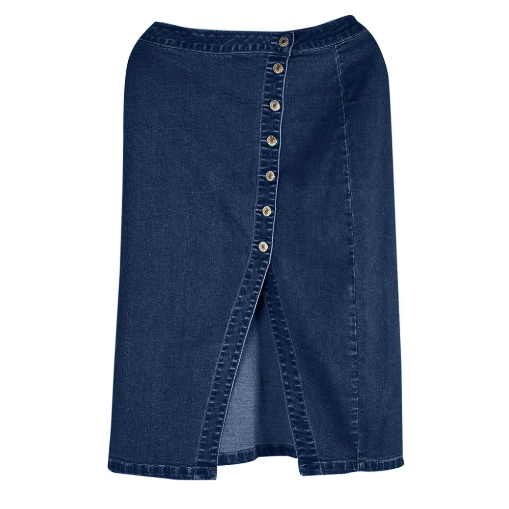 Размера плюс, джинсовая миди юбка лето, эластичная высокая талия, на пуговицах, с разрезом, юбки-карандаш для женщин, повседневные, вечерние, синяя джинсовая юбка, Jupe