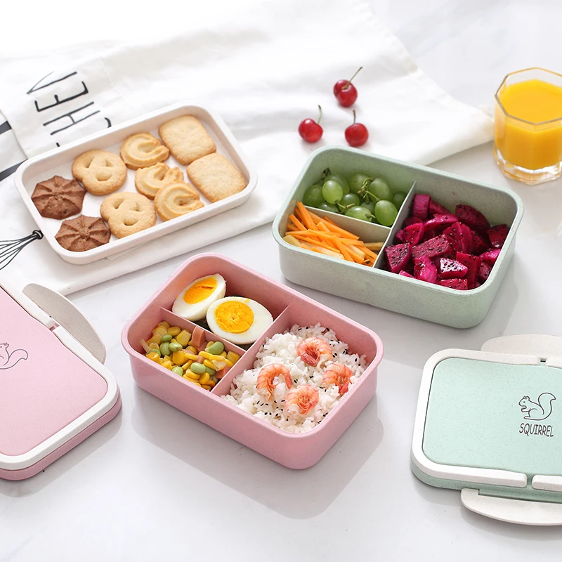 Baispo Microwavable Lunch box Wheat straw Cartoon bento box Portable Eco-friendly Food Container Lunchbox For kids School Picnic