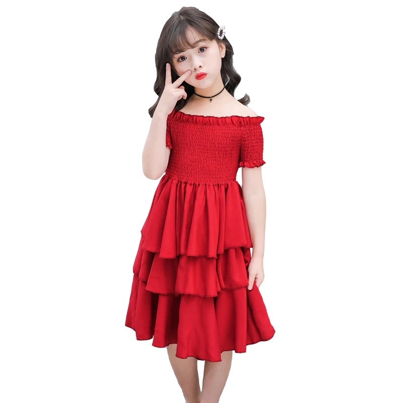 Girls Summer Dress Red Cake Tiered Chiffon Kids Party Dresses for Birthday Short Sleeve 4 6 8 10 12 Y Children Clothes | Детская одежда