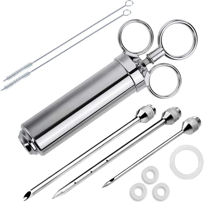 

Meat Injector Syringe, 2-oz Marinade Flavor Injector 304 Stainless Steel with 3 Professional Needles,2 Cleaning Brushes and 4