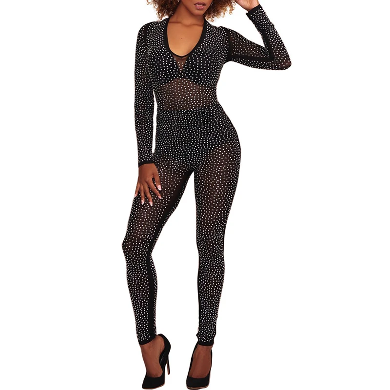 Для женщин Сексуальная See Through Bodycon комбинезон с длинным рукавом горный хрусталь