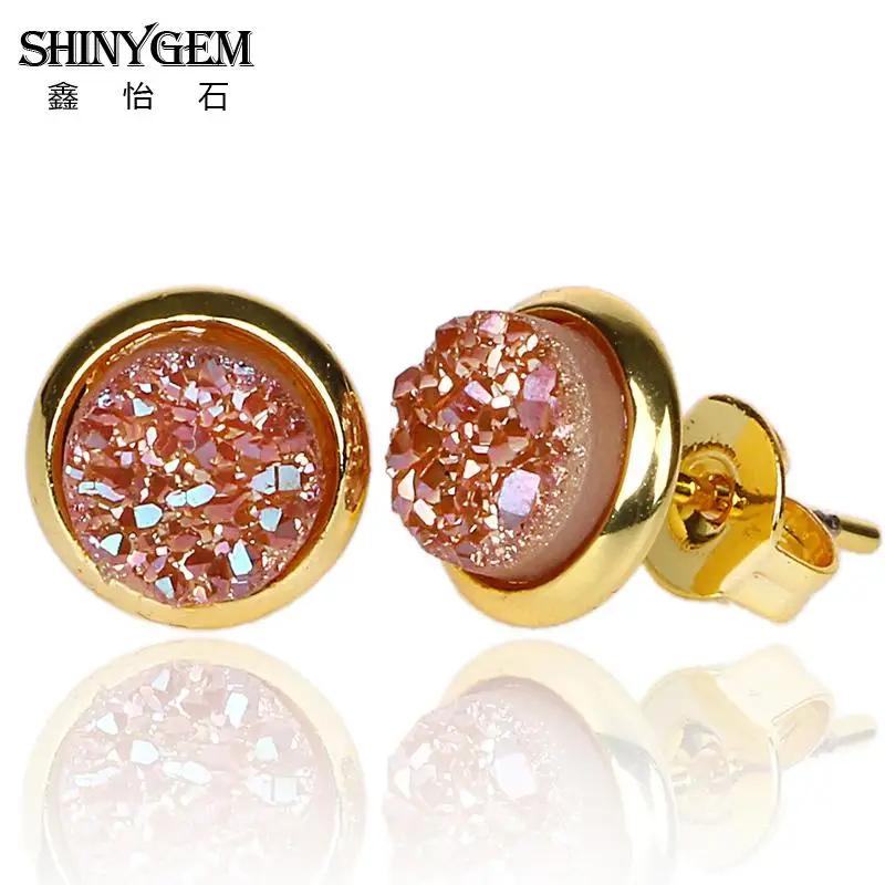 ShinyGem 6 мм/8 мм/10 мм/12mm круглый Агат Серьги позолота Натуральный камень гвоздики милые минеральная Кристаллические серьги для Для женщин - Окраска металла: Champagne