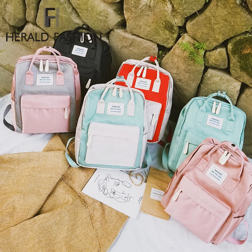 

Herald Fashion Preppy Style Canvas Backpack Letter Print Double Shoulder Zipper School Bag for Girls Bookbag Mochila Feminina