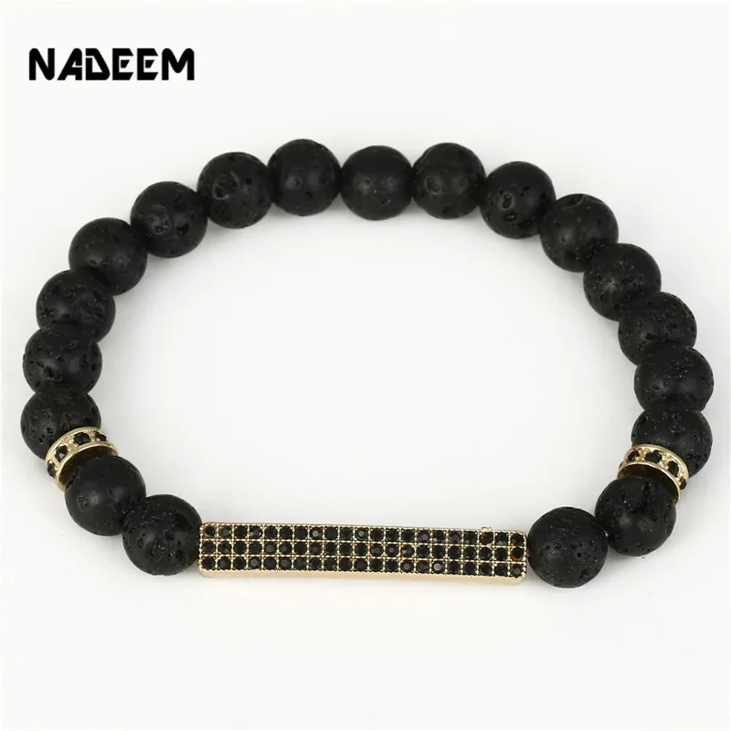 

NADEEM Drop Shipping New Gold Color Micro Pave Black CZ Bar Bracelet For Women Men 8mm Lava Stone Bead Elastic Rock Bracelets