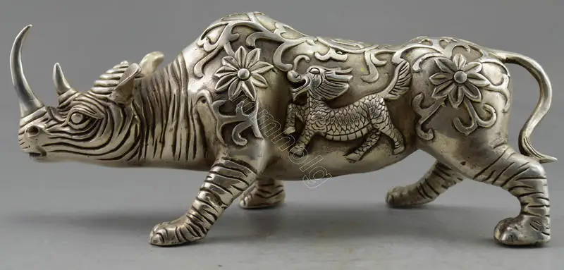 

Metal Crafts Collectible Decorated Old Handwork Tibet Silver Carved Big Rhinoceros Statue old