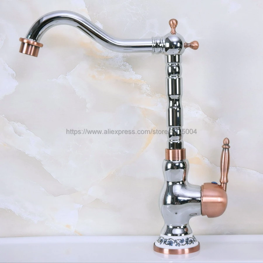 Deck Mounted Bathroom Basin Single Handle Faucet Polished Chrome And Red Copper Hot and Cold bathroom Sink Rotable Tap Nnf907