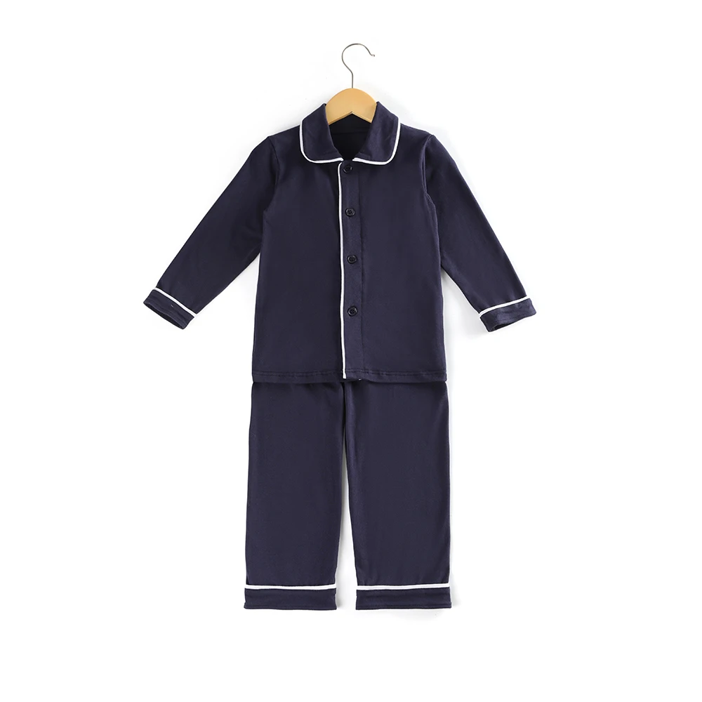 

100% cotton navy solid color Boys Girls sleepwear button Family Matching Children Christmas Ruffle kids pyjamas