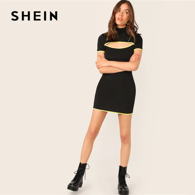 SHEIN неоновое облегающее платье с вырезом на шее, черное облегающее платье с воротником-стойкой, тонкое женское платье с коротким рукавом, сексуальное летнее платье