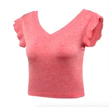 Летящими рукавами v-образным вырезом Йога тренажерный зал T рубашка Фитнес Топы Для женщин Спортивные футболки работает тренировки футболки быстросохнущая Спортивная