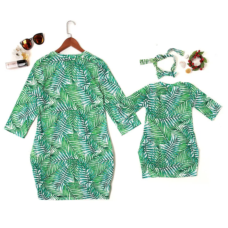 NASHAKAITE-Mother-daughter-dresses-Fashion-Green-Leaf-Printed-Sundress-With-Headband-Mommy-and-me-clothes-Mom
