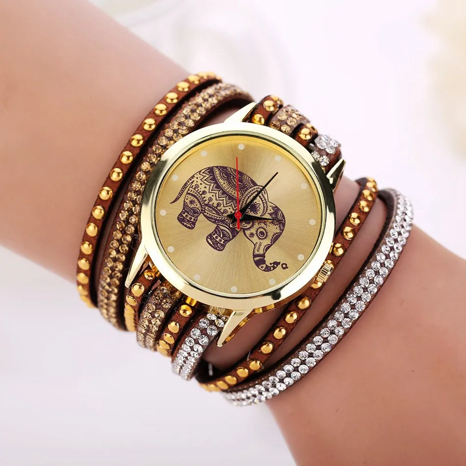 Popular Fashion Elephant Pattern Bracelet Watches Watch Women Dress Classical Jewelry Quartz Wrist Watch XR955 Brown