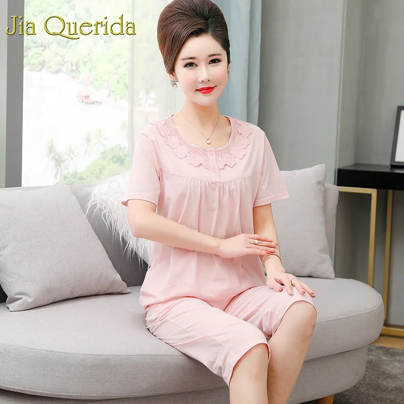 

J&Q Women Cotton Home Suits 2019 Summer Shorts Fashion Plus Size 4xl Pink Lace Appliques Solid Pajamas Elegant Ladies Pyjama Set