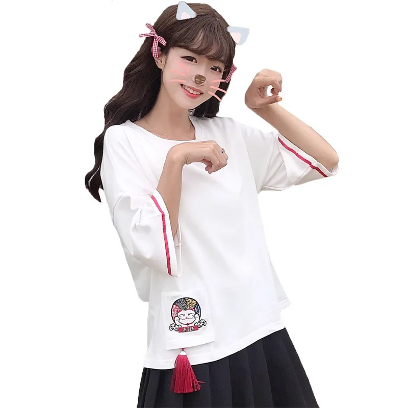 

Japan Harajuku Women Maneki-Neko Embroidered Tshirt Kawaii Mori Girls Lucky Cat Half Sleeves Tee Shirts Summer Casual Streetwear