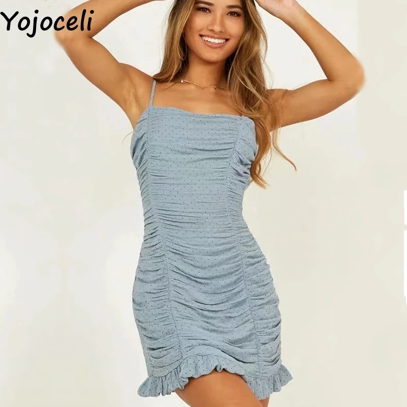 

Yojoceli Sexy polka dot pleated dress women Summer strap ruffle short dress female Elegant party casual cool sundress vestidos