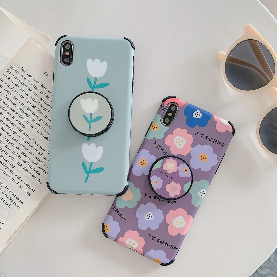 

For iPhone 7 Plus XR X XS Max Case Fresh Color Flower Shatter-resistant Shell Holder Cover For iPhone 8 6 6s Plus Soft TPU Coque