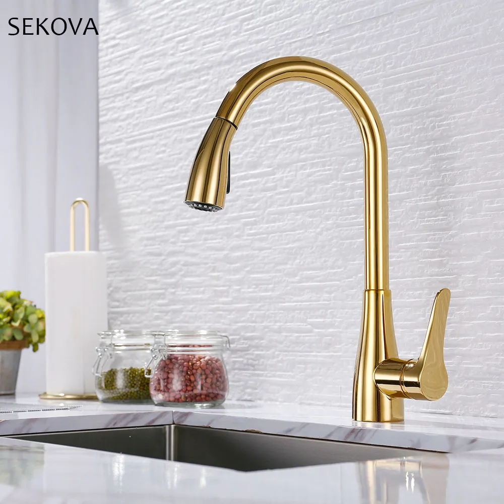 SEKOVA Gold/Rose gold/Chrome/Black Plated Brass Kitchen Faucet Single Handle Deck Mounted Rotation Sink Pull Out Water Mixer Tap