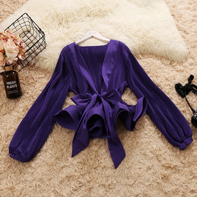 Women's spring summer lantern sleeve elastic slim waist chiffon Shirt tops lady's casual ruffles bow Tees TB1044 | Женская