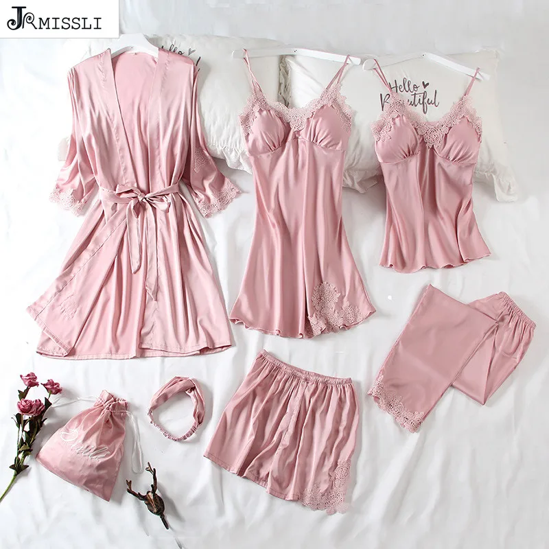 

JRMISSI New Spring 7 Piece Sexy Lace Pajamas Set Women Faux Silk Lace Sling Sleeveless Shirt Shorts Summer Robe Sleepwear