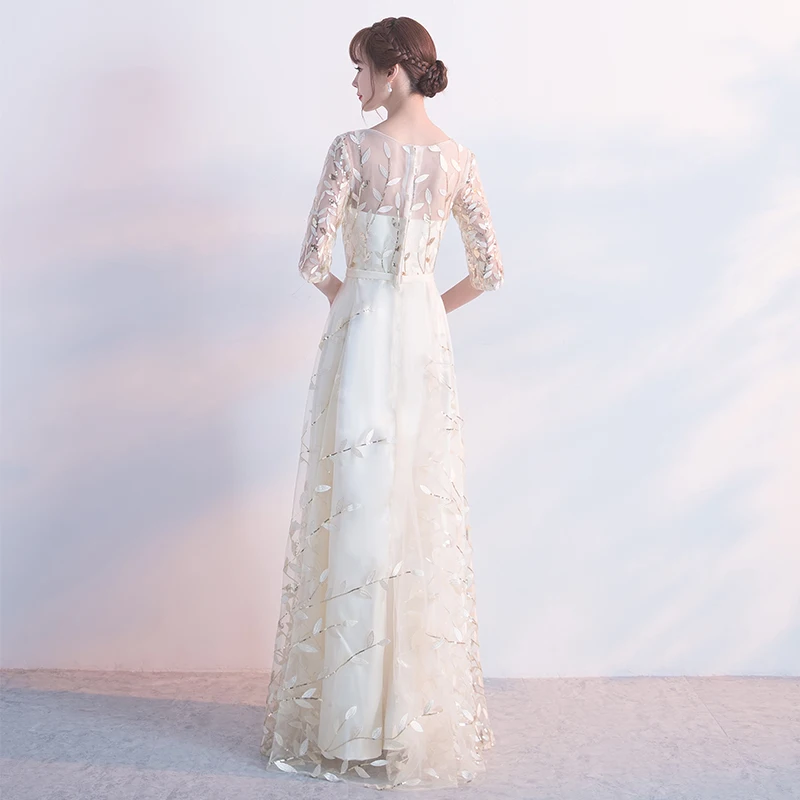 Elegant Evening Dresses Long 2018 New Floor-length Champagne Formal Dress Plus Size Half Sleeves Lace Evening Gowns For Women