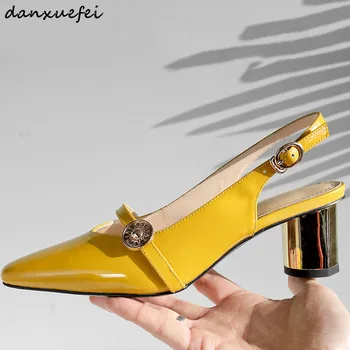 

3 Color large size 11 women's genuine patent leather slingback high heel sandals pointed toe summer med heel comfort pumps shoes