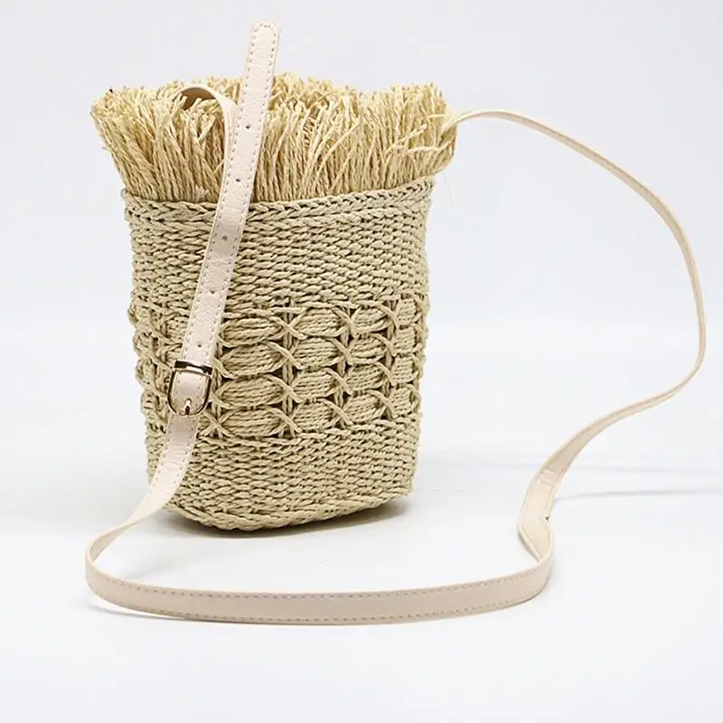

FGGS-Straw Bag Women Messenger Shoulder Bag Popular Summer Cotton Rope Hollow Tassel Tote Women Knitting Crossbody Bags Handba