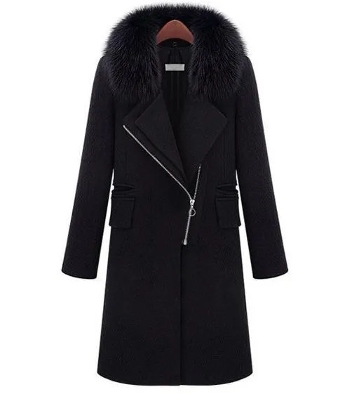 Женщин зимой теплый высокого класса люкс с длинным рукавом молнии широкий толстый шерстяное пальто с меховым воротником настоящее размер плюс - Цвет: Черный