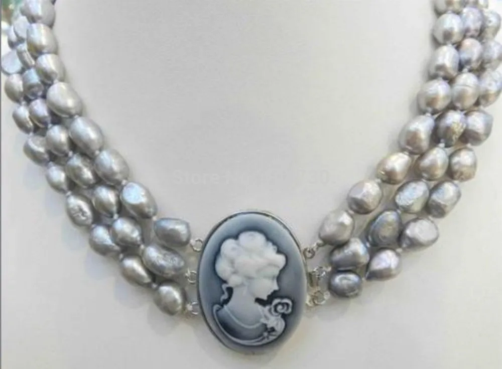 

Jewelry 002792 3 ROWS SILVER GRAY CULTURED PEARL NECKLACE EMBOSSED QUEEN'S AVATAR CLASP