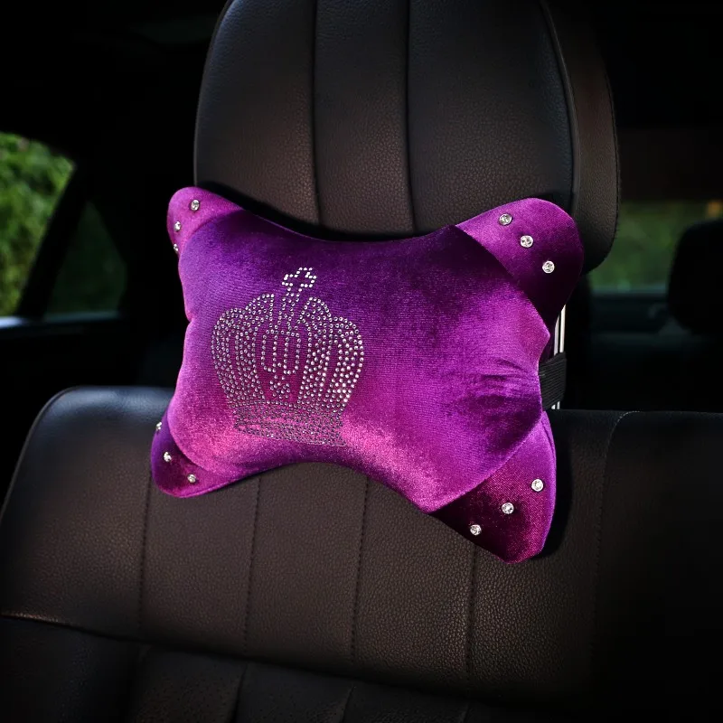Фиолетовые алмазные хрустальные короны, аксессуары для автомобиля, плюшевые меховые автомобильные чехлы на руль, подголовник, ремень безопасности, крышка переключения передач - Название цвета: head pillow 1pcs