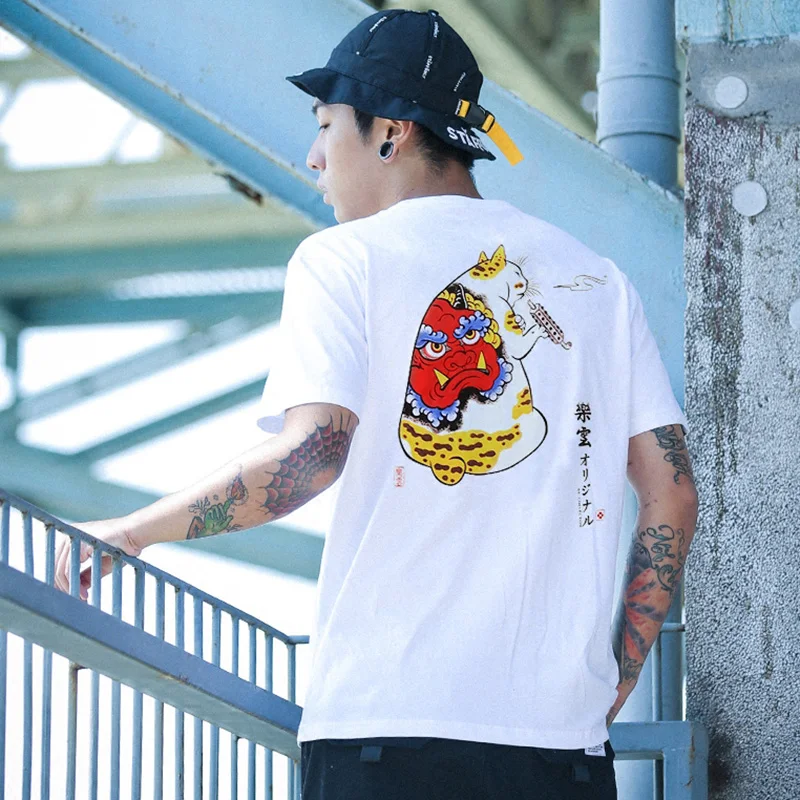 Японская футболка, дымящийся Кот, уличная футболка, вышивка, Мужская футболка Харадзюку, хип-хоп, летние хлопковые топы, футболка, Япония