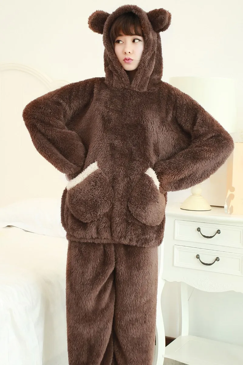 

2018 New Autumn Women Flannel Pajamas Set Coral Fleece Bear Hooded Pajamas Sleepwear Solid Thickened Warm Pajamas Set