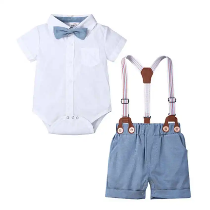 2019 Newborn Baby Boys Summer Short Sleeve Clothes Suit Bow Tie Romper Suspender Pants 2pc Kids Outfit |