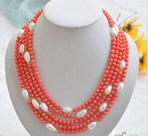 

Jew2910 natural 5row 21" pink coral bead white baroque pearl NECKLACE