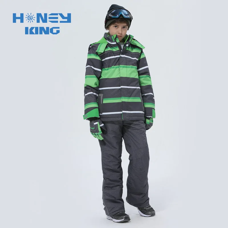 Детский лыжный костюм высокого качества детские теплые ветрозащитные водонепроницаемые полосатые куртки и штаны для сноубординга для мальчиков размер 98 до 164 см - Цвет: Green