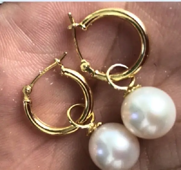 

9-10mm perfect round white Australia south sea pearl dangle earring GOLD