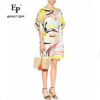 Neue 2018 Mode Designer Kleid frauen Kurzen Ärmeln Multico Geometrische Druck große größe Stretch Jersey Lose Seide Tag Kleid